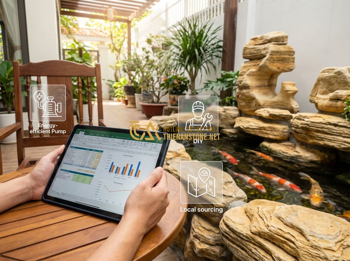 Chi Phí Xây Hồ Cá Koi Mini Là Bao Nhiêu? Bảng Giá Thi Công Thực Tế 2024 - Hình 5 Chi Phí Xây Hồ Cá Koi Mini Là Bao Nhiêu? Bảng Giá Thi Công Thực Tế 2024 - Tạo ảnh tiếng Anh: A person looking at a budget spreadsheet on a tablet while si