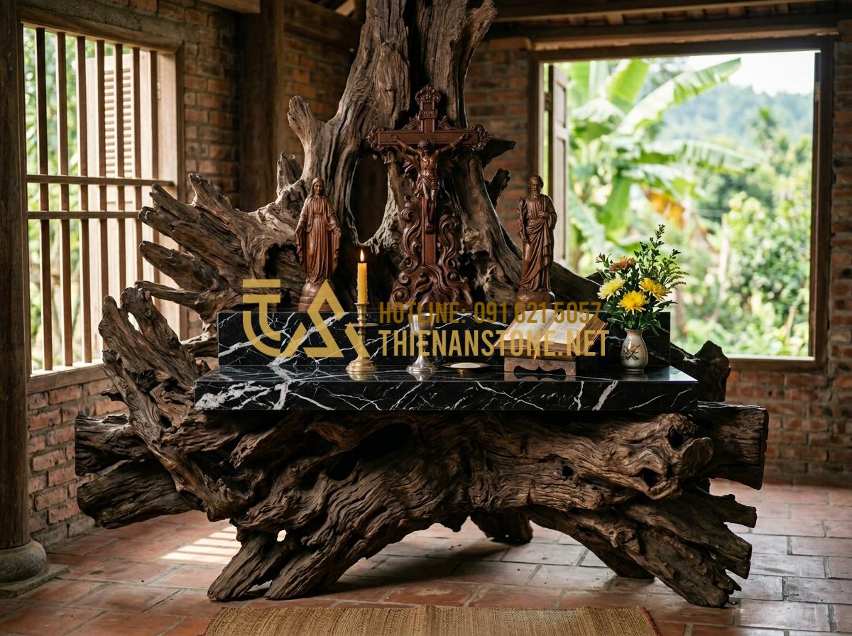 Chiêm Ngưỡng Các Kiểu Bàn Thờ Chúa Độc Lạ: Bằng Gốc Cây, Kính Và Đương Đại - Hình 2 Chiêm Ngưỡng Các Kiểu Bàn Thờ Chúa Độc Lạ: Bằng Gốc Cây, Kính Và Đương Đại - Tạo ảnh tiếng Anh: A detailed close-up of a Catholic altar handcrafted from a si