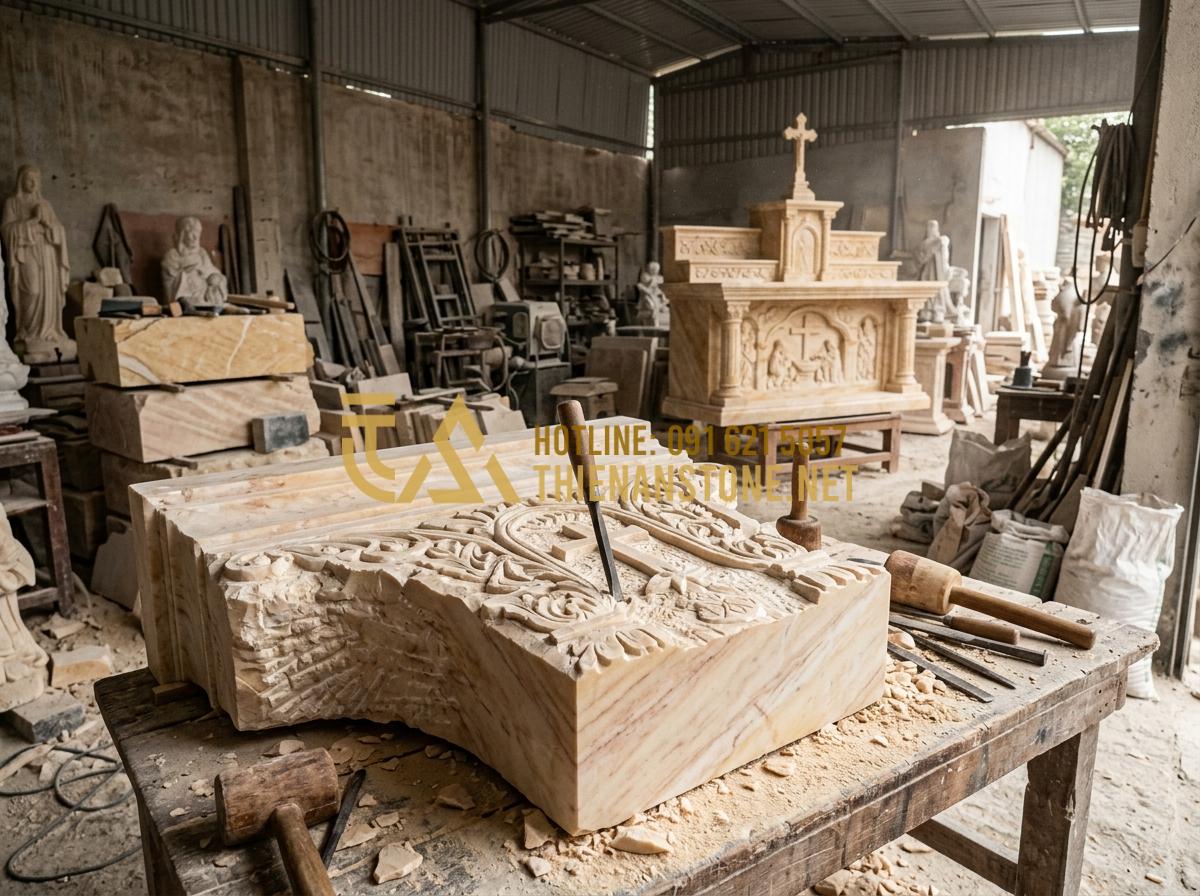 Chiêm Ngưỡng Các Kiểu Bàn Thờ Chúa Độc Lạ: Bằng Gốc Cây, Kính Và Đương Đại - Hình 5 Chiêm Ngưỡng Các Kiểu Bàn Thờ Chúa Độc Lạ: Bằng Gốc Cây, Kính Và Đương Đại - Tạo ảnh tiếng Anh: Artisans at Thiên An Stone workshop carefully carving a large