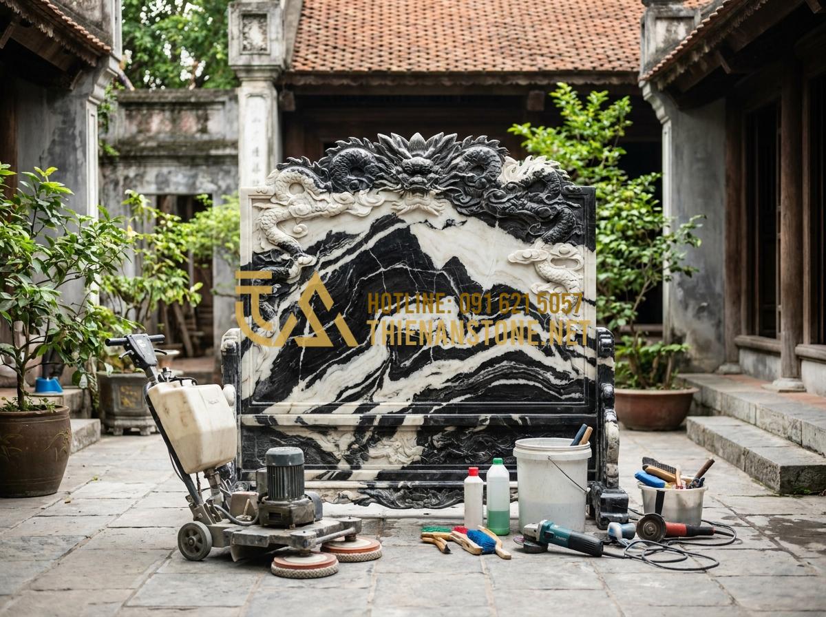 Chiếu Rồng Đá Là Gì? Ý Nghĩa Tâm Linh Và Vị Trí Đặt Chuẩn Phong Thủy - Tạo ảnh tiếng Anh: A professional stone maintenance team evaluating a dragon scr