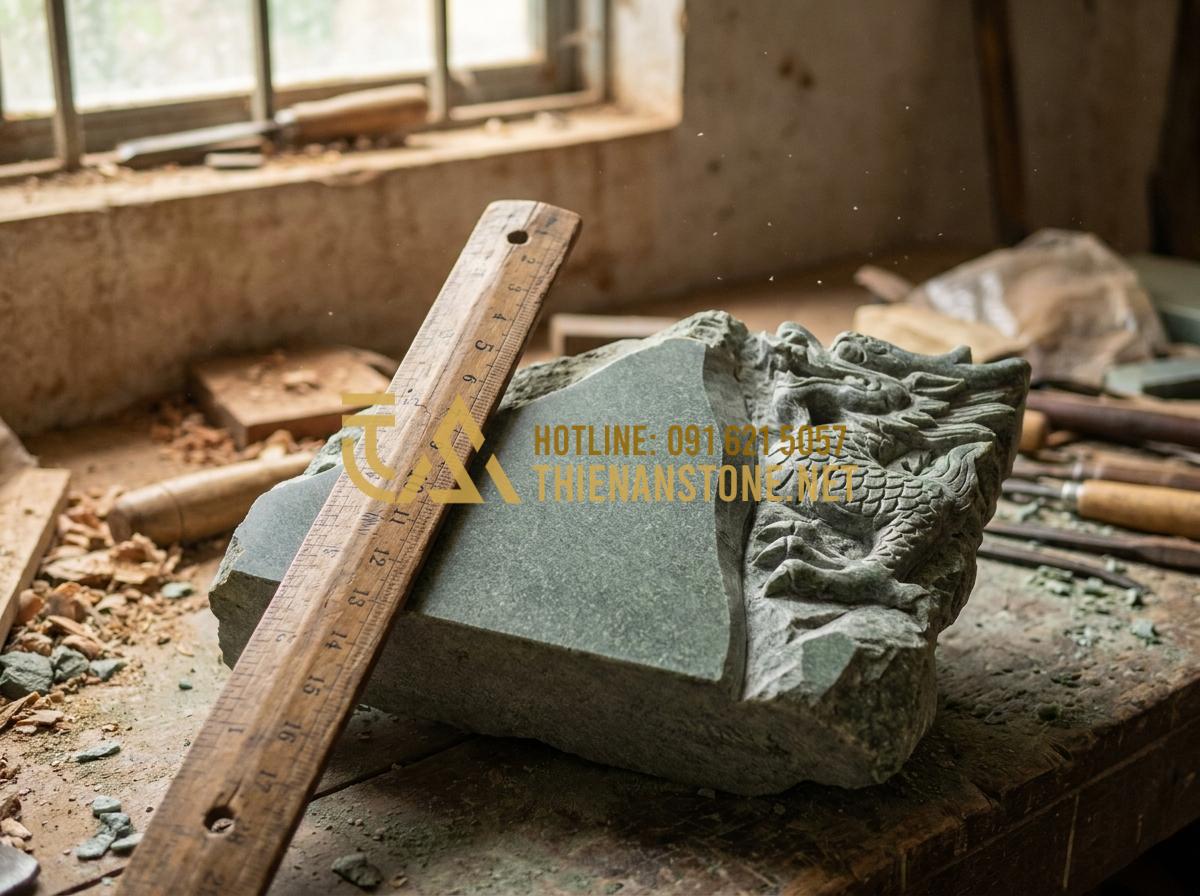 Chiếu Rồng Đá Là Gì? Ý Nghĩa Tâm Linh Và Vị Trí Đặt Chuẩn Phong Thủy - Tạo ảnh tiếng Anh: An artisan using a traditional wooden Lu Ban ruler (Thước Lỗ