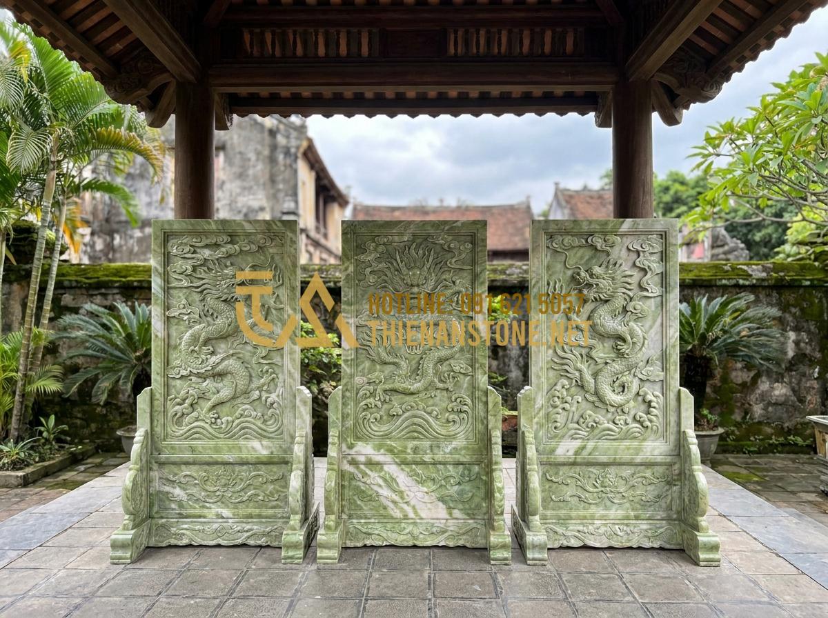 Chiếu Rồng Đá Là Gì? Ý Nghĩa Tâm Linh Và Vị Trí Đặt Chuẩn Phong Thủy - Tạo ảnh tiếng Anh: A comparison display of three different stone dragon screens