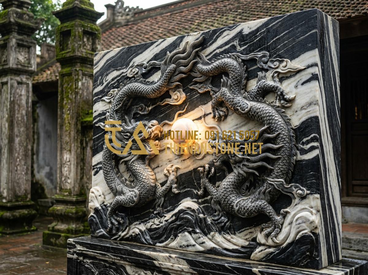 Chiếu Rồng Đá Là Gì? Ý Nghĩa Tâm Linh Và Vị Trí Đặt Chuẩn Phong Thủy - Tạo ảnh tiếng Anh: A detailed architectural carving of "Luỡng Long Chầu Nguyệt"