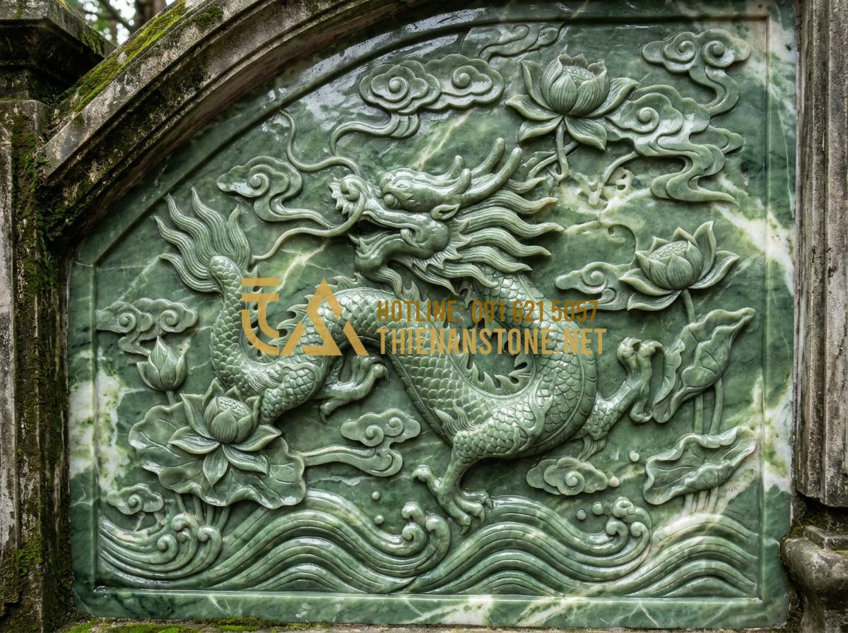 Chiếu Rồng Đá Là Gì? Ý Nghĩa Tâm Linh Và Vị Trí Đặt Chuẩn Phong Thủy - Tạo ảnh tiếng Anh: Close-up of decorative patterns on stone: delicate lotus flow