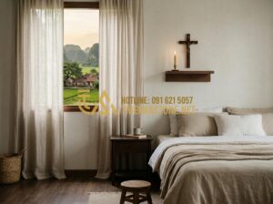 Có Nên Để Bàn Thờ Chúa Trong Phòng Ngủ? Tư Vấn Từ Chuyên Gia Tâm Linh - Tạo ảnh tiếng Anh: A cozy and minimalist bedroom interior with a small, elegant