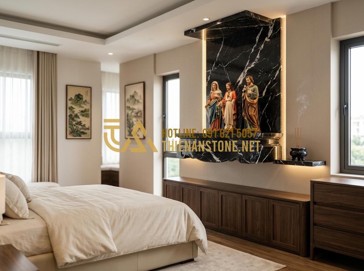 Có Nên Để Bàn Thờ Chúa Trong Phòng Ngủ? Tư Vấn Từ Chuyên Gia Tâm Linh - Hình 3 Có Nên Để Bàn Thờ Chúa Trong Phòng Ngủ? Tư Vấn Từ Chuyên Gia Tâm Linh - Tạo ảnh tiếng Anh: A wide shot of a master bedroom with a sophisticated interior