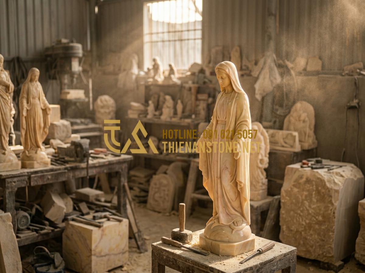 Có Nên Để Bàn Thờ Chúa Trong Phòng Ngủ? Tư Vấn Từ Chuyên Gia Tâm Linh - Hình 6 Có Nên Để Bàn Thờ Chúa Trong Phòng Ngủ? Tư Vấn Từ Chuyên Gia Tâm Linh - Tạo ảnh tiếng Anh: An artisan at Thien An Stone workshop carefully carving a whi
