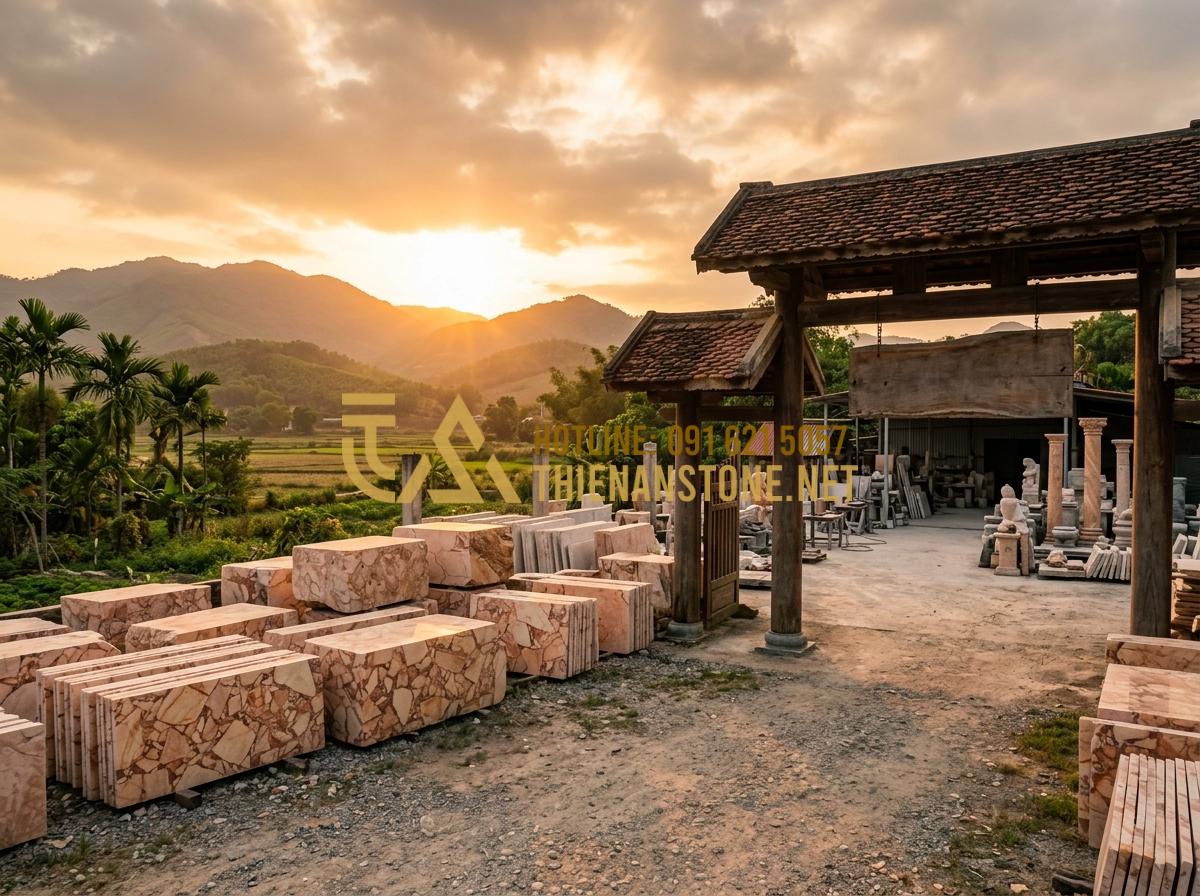 Có Nên Để Bàn Thờ Chúa Trong Phòng Ngủ? Tư Vấn Từ Chuyên Gia Tâm Linh - Hình 7 Có Nên Để Bàn Thờ Chúa Trong Phòng Ngủ? Tư Vấn Từ Chuyên Gia Tâm Linh - Tạo ảnh tiếng Anh: A panoramic view of the Thien An Stone workshop entrance with