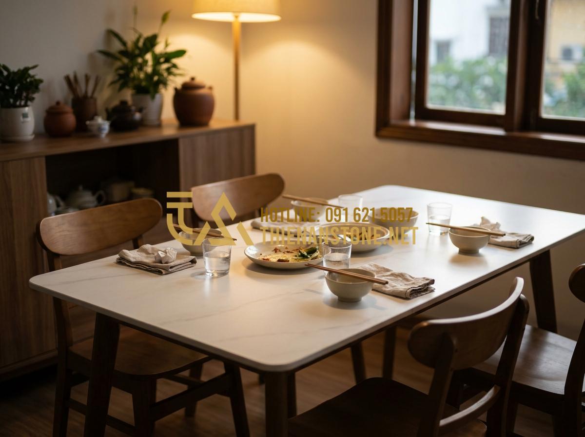 Có Nên Dùng Đá Nung Kết Làm Bàn Ăn? Đánh Giá Từ Chuyên Gia - Tạo ảnh tiếng Anh: A happy family of four having dinner together around a beauti