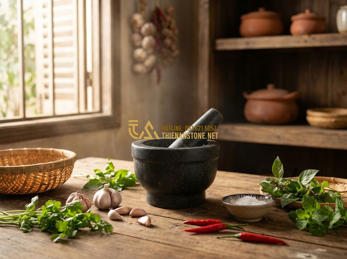 Cối Đá Giã Cua Tỏi Gia Vị & Giã Tay Tự Nhiên: Mẫu Cối Đá Xanh Granite Đẹp Dùng Hàng Ngày - Tạo ảnh tiếng Anh: A high-quality professional photograph of a traditional kitch