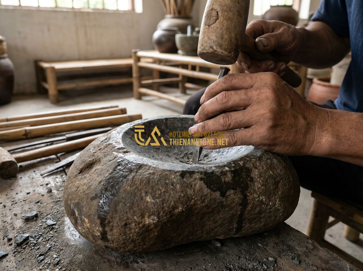 Cối Đá Giã Cua Tỏi Gia Vị & Giã Tay Tự Nhiên: Mẫu Cối Đá Xanh Granite Đẹp Dùng Hàng Ngày - Tạo ảnh tiếng Anh: Close-up shot of a craftsman's hands carefully carving a natu