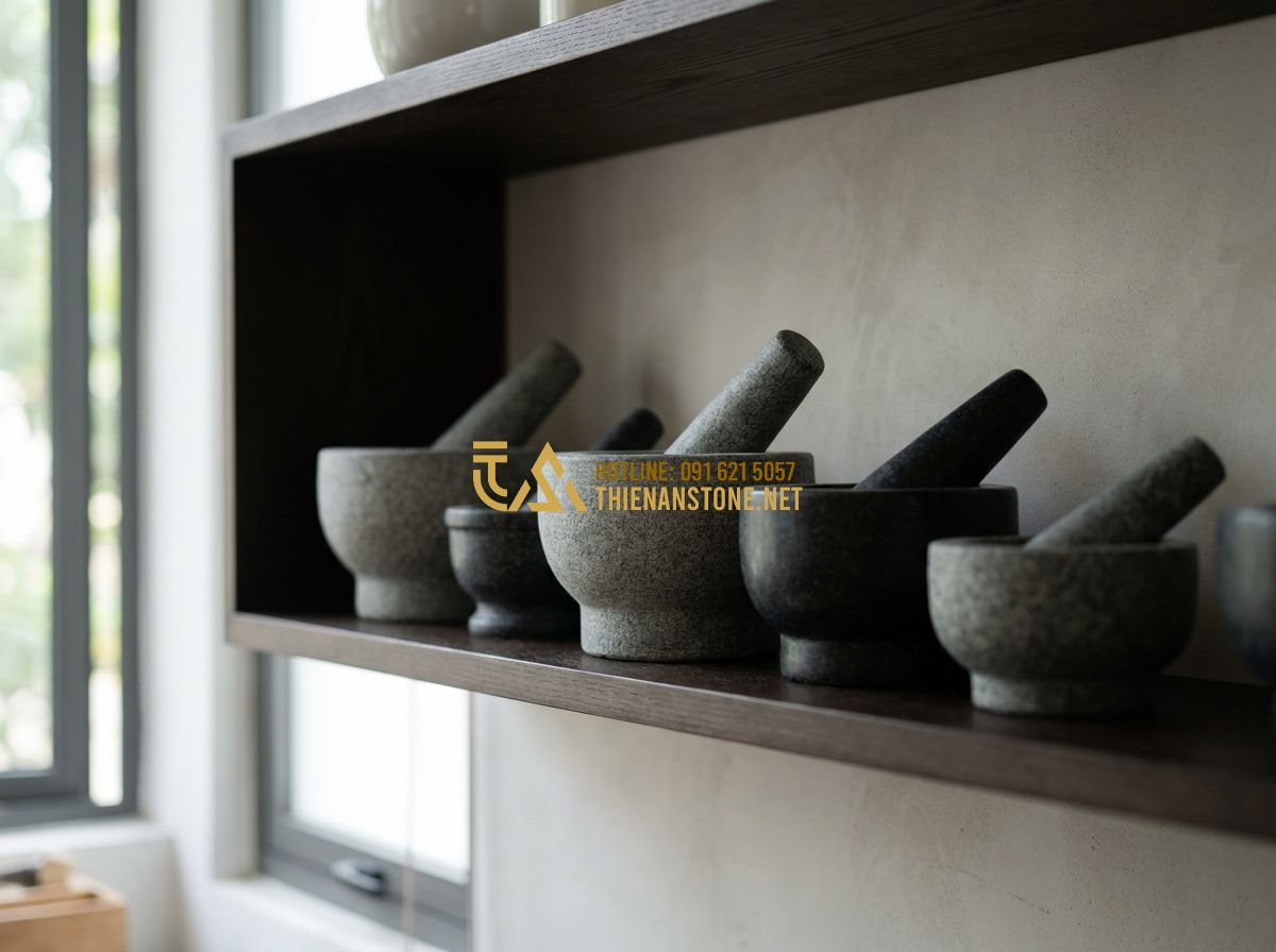 Cối Đá Giã Cua Tỏi Gia Vị & Giã Tay Tự Nhiên: Mẫu Cối Đá Xanh Granite Đẹp Dùng Hàng Ngày - Tạo ảnh tiếng Anh: A collection of different sizes of granite stone mortars and