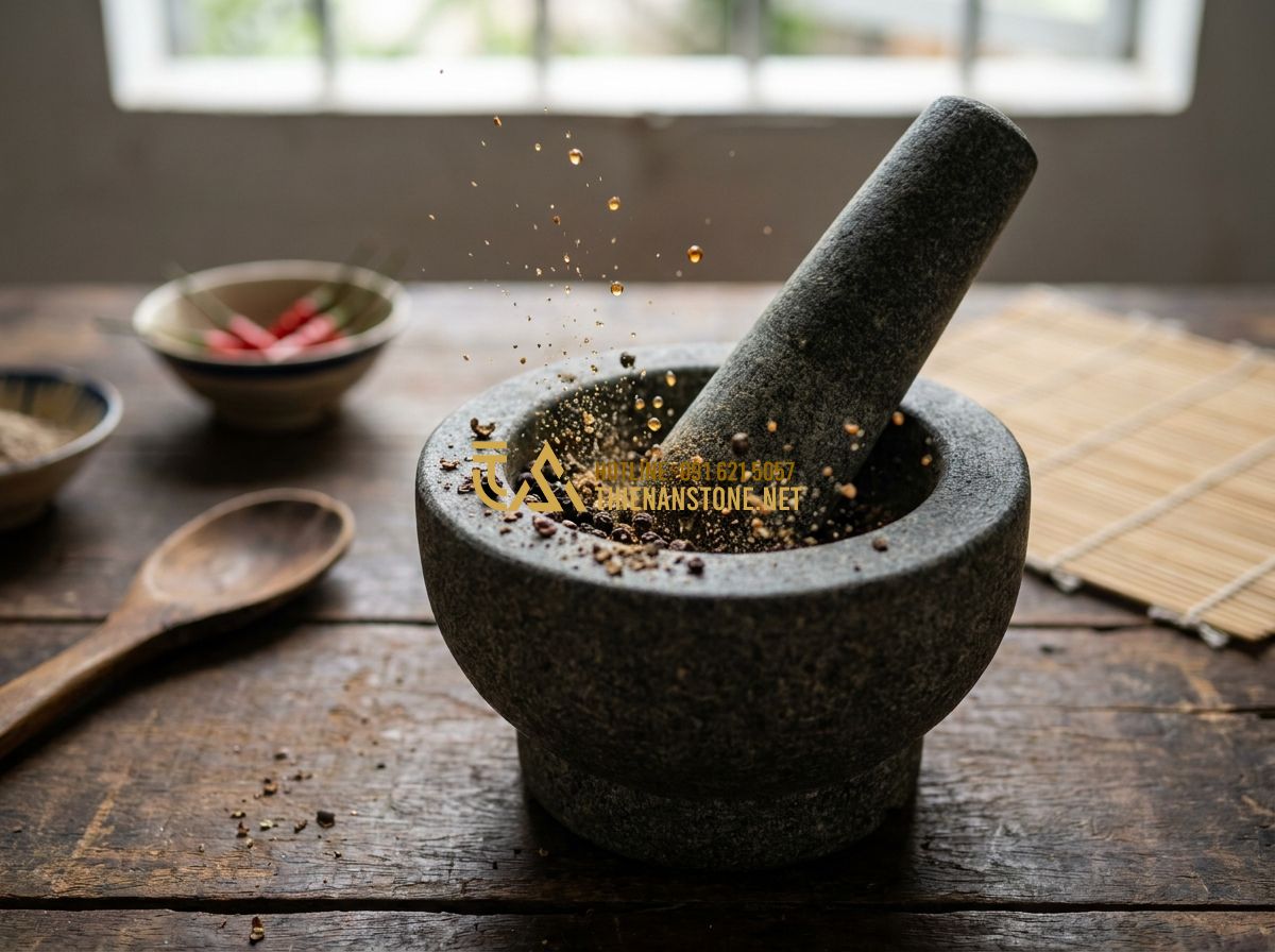 Cối Đá Giã Cua Tỏi Gia Vị & Giã Tay Tự Nhiên: Mẫu Cối Đá Xanh Granite Đẹp Dùng Hàng Ngày - Tạo ảnh tiếng Anh: A small stone mortar being used to crush black peppercorns, s