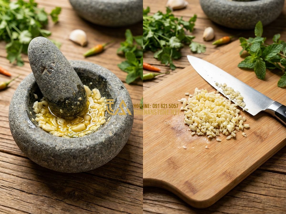 Cối Đá Giã Cua Tỏi Gia Vị & Giã Tay Tự Nhiên: Mẫu Cối Đá Xanh Granite Đẹp Dùng Hàng Ngày - Tạo ảnh tiếng Anh: A side-by-side comparison of garlic crushed in a stone mortar