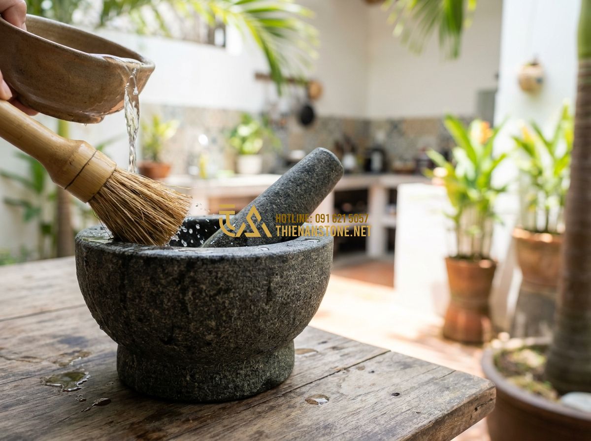 Cối Đá Giã Cua Tỏi Gia Vị & Giã Tay Tự Nhiên: Mẫu Cối Đá Xanh Granite Đẹp Dùng Hàng Ngày - Tạo ảnh tiếng Anh: An infographic-style photo showing how to clean a stone morta