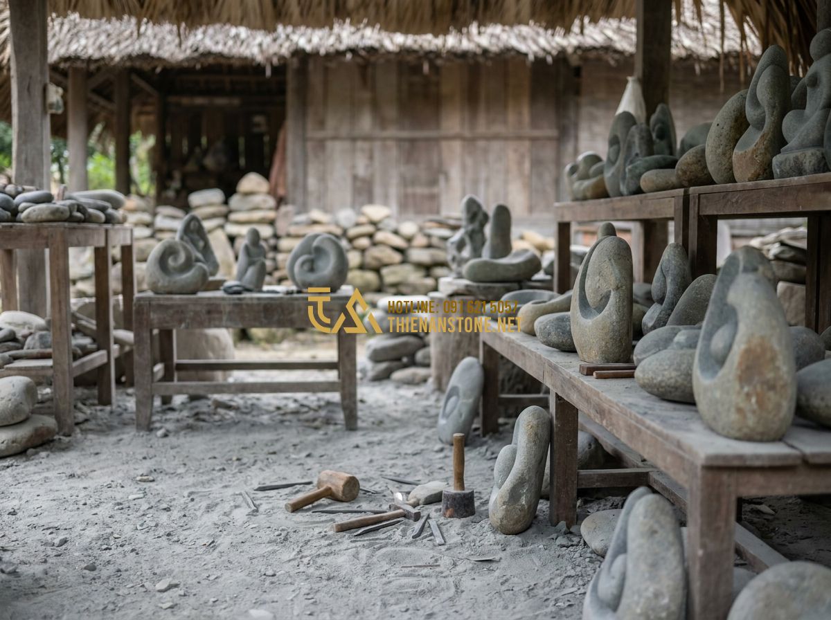 Cối Đá Giã Cua Tỏi Gia Vị & Giã Tay Tự Nhiên: Mẫu Cối Đá Xanh Granite Đẹp Dùng Hàng Ngày - Tạo ảnh tiếng Anh: A panoramic shot of a traditional stone carving workshop in V
