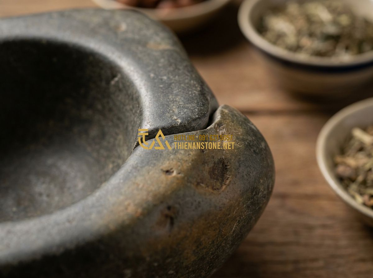Cối Đá Tự Nhiên Cổ Đẹp 2026: 130+ Mẫu Cối Đá Xay Bột Giã Cua Giã Gạo Ngày Xưa Chính Hãng - Hình 6 Cối Đá Tự Nhiên Cổ Đẹp 2026: 130+ Mẫu Cối Đá Xay Bột Giã Cua Giã Gạo Ngày Xưa Chính Hãng - Detailed macro photography of the interface between two parts of an antique ston