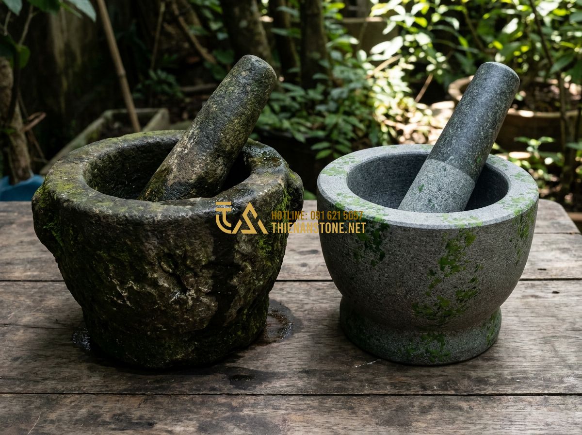 Cối Đá Tự Nhiên Cổ Đẹp 2026: 130+ Mẫu Cối Đá Xay Bột Giã Cua Giã Gạo Ngày Xưa Chính Hãng - Hình 7 Cối Đá Tự Nhiên Cổ Đẹp 2026: 130+ Mẫu Cối Đá Xay Bột Giã Cua Giã Gạo Ngày Xưa Chính Hãng - Comparison side-by-side shot of a genuine ancient stone mortar with natural moss