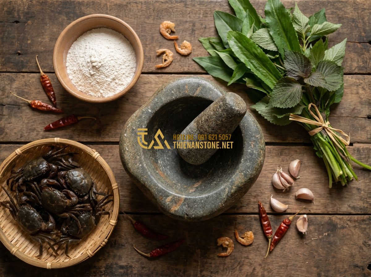 Cối Đá Tự Nhiên Cổ Đẹp 2026: 130+ Mẫu Cối Đá Xay Bột Giã Cua Giã Gạo Ngày Xưa Chính Hãng - Hình 8 Cối Đá Tự Nhiên Cổ Đẹp 2026: 130+ Mẫu Cối Đá Xay Bột Giã Cua Giã Gạo Ngày Xưa Chính Hãng - A beautiful flat lay of traditional Vietnamese ingredients: a bowl of smooth ric