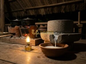 Cối Đá Xay Bột Bằng Điện & Cối Đá Tự Xoay: Nên Mua Loại Nào? So Sánh Chi Tiết - Tạo ảnh tiếng Anh: A nostalgic scene in a traditional Vietnamese kitchen at nigh