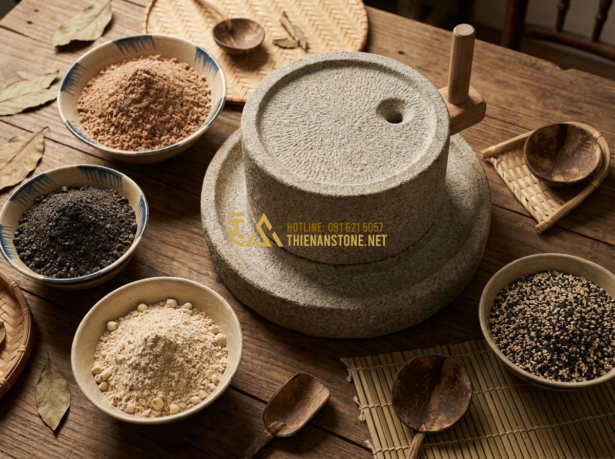 Cối Đá Xay Bột Bằng Điện & Cối Đá Tự Xoay: Nên Mua Loại Nào? So Sánh Chi Tiết - Tạo ảnh tiếng Anh: Diverse bowls of various homemade grain powders: brown rice,