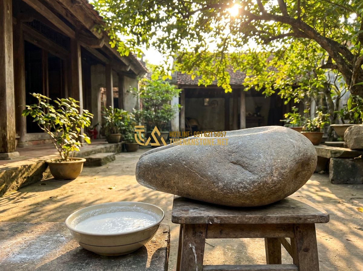 Cối Đá Xay Bột Nước & Bột Khô Đẹp: Mẫu Cối Đá Granite Xay Gạo Matcha Trà Xanh Bền Đẹp 2026 - Tạo ảnh tiếng Anh: An elderly Vietnamese woman with a gentle smile, dressed in t