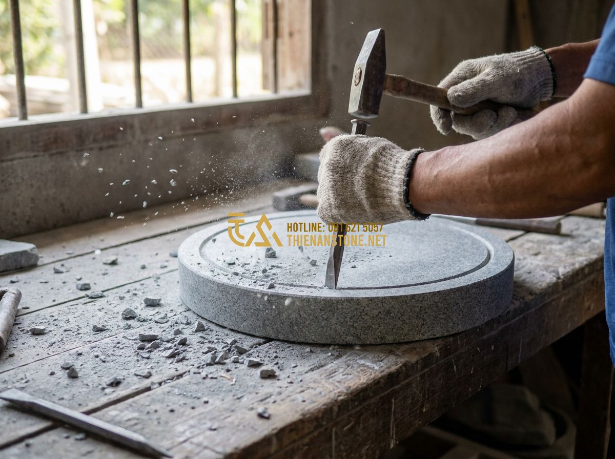 Cối Đá Xay Bột Nước & Bột Khô Đẹp: Mẫu Cối Đá Granite Xay Gạo Matcha Trà Xanh Bền Đẹp 2026 - Tạo ảnh tiếng Anh: A professional close-up shot of a craftsman's hands using a c