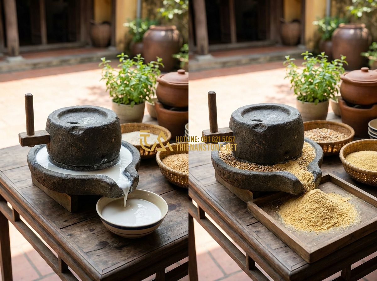 Cối Đá Xay Bột Nước & Bột Khô Đẹp: Mẫu Cối Đá Granite Xay Gạo Matcha Trà Xanh Bền Đẹp 2026 - Tạo ảnh tiếng Anh: A side-by-side comparison of two types of stone mills. On the