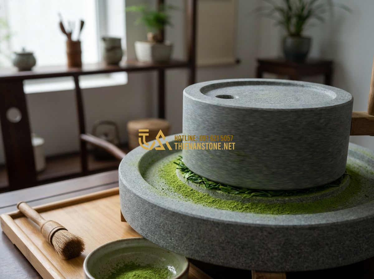 Cối Đá Xay Bột Nước & Bột Khô Đẹp: Mẫu Cối Đá Granite Xay Gạo Matcha Trà Xanh Bền Đẹp 2026 - Tạo ảnh tiếng Anh: A detailed shot of top-grade vibrant green Matcha powder bein