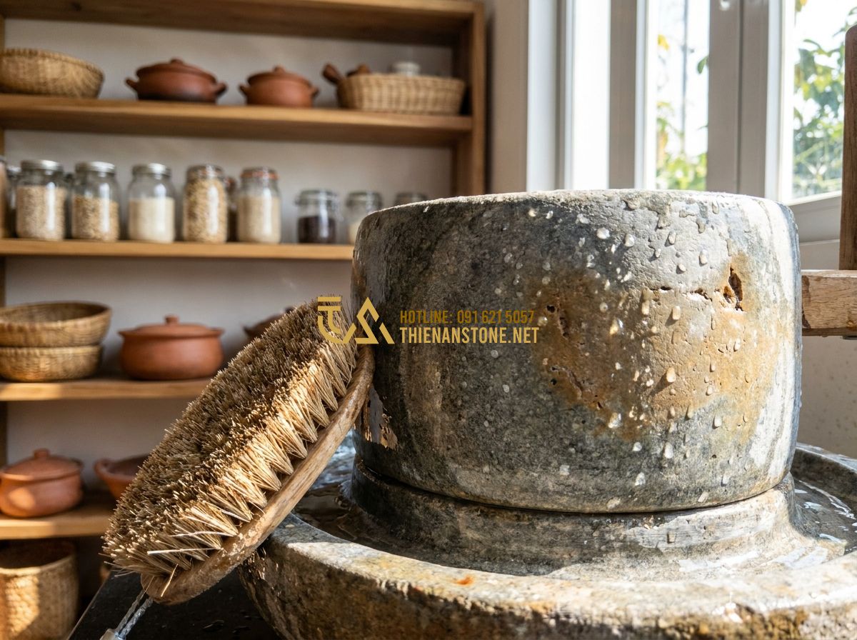 Cối Đá Xay Bột Nước & Bột Khô Đẹp: Mẫu Cối Đá Granite Xay Gạo Matcha Trà Xanh Bền Đẹp 2026 - Tạo ảnh tiếng Anh: A lifestyle photo showing a person cleaning a stone mill with