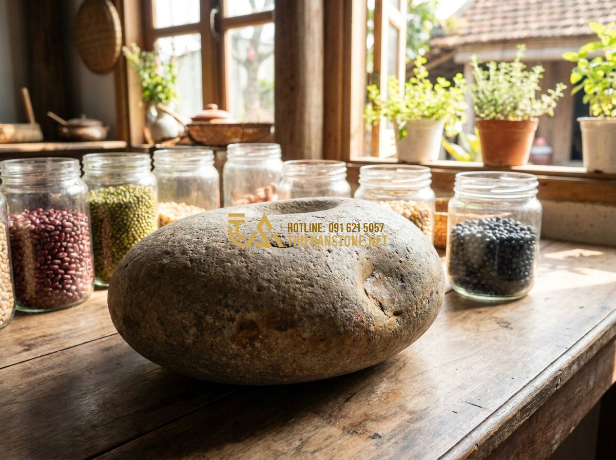 Cối Đá Xay Bột Nước & Bột Khô Đẹp: Mẫu Cối Đá Granite Xay Gạo Matcha Trà Xanh Bền Đẹp 2026 - Tạo ảnh tiếng Anh: A warm family scene where a father and his young daughter are