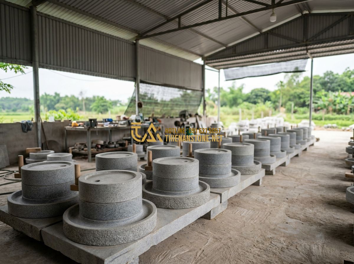 Cối Đá Xay Bột Nước & Bột Khô Đẹp: Mẫu Cối Đá Granite Xay Gạo Matcha Trà Xanh Bền Đẹp 2026 - Tạo ảnh tiếng Anh: A professional panoramic shot of the Thien An Stone workshop