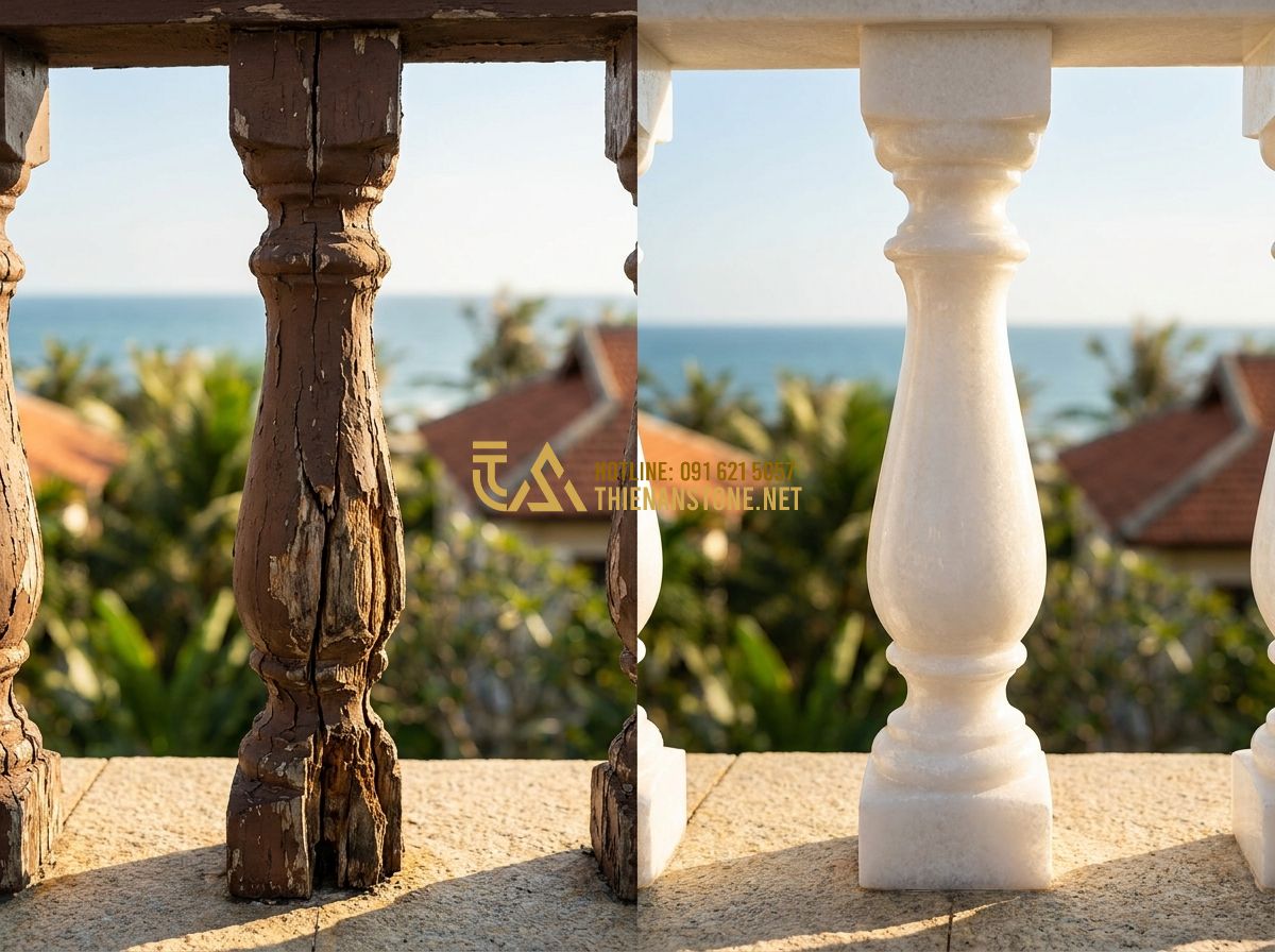 Con Tiện Đá Hoa Cương & Đá Tự Nhiên Làm Lan Can: Đặc Điểm Nổi Bật & Mẫu Đẹp Nhất 2026 - Hình 5 Con Tiện Đá Hoa Cương & Đá Tự Nhiên Làm Lan Can: Đặc Điểm Nổi Bật & Mẫu Đẹp Nhất 2026 - Tạo ảnh tiếng Anh: A wide modern balcony overlooking a lush garden, featuring mi