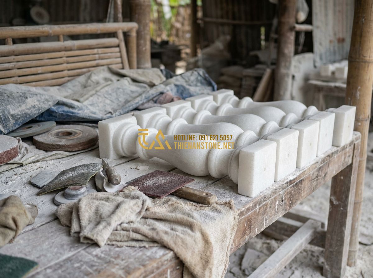 Con Tiện Đá Tự Nhiên Đẹp 2026: 130+ Mẫu Con Tiện Đá Hoa Cương & Đá Trắng Sang Trọng Cho Lan Can Cầu Thang - Hình 1 Con Tiện Đá Tự Nhiên Đẹp 2026: 130+ Mẫu Con Tiện Đá Hoa Cương & Đá Trắng Sang Trọng Cho Lan Can Cầu Thang - A wide-angle, high-resolution shot of a luxury classical villa interior with a g