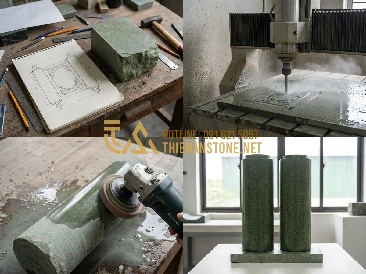 Cuốn Thư Đá Lăng Mộ Đẹp Nhất: Tổng Hợp Các Mẫu Cho Nghĩa Trang Gia Đình - Professional stone crafting process for tomb scrolls showing design sketching, C