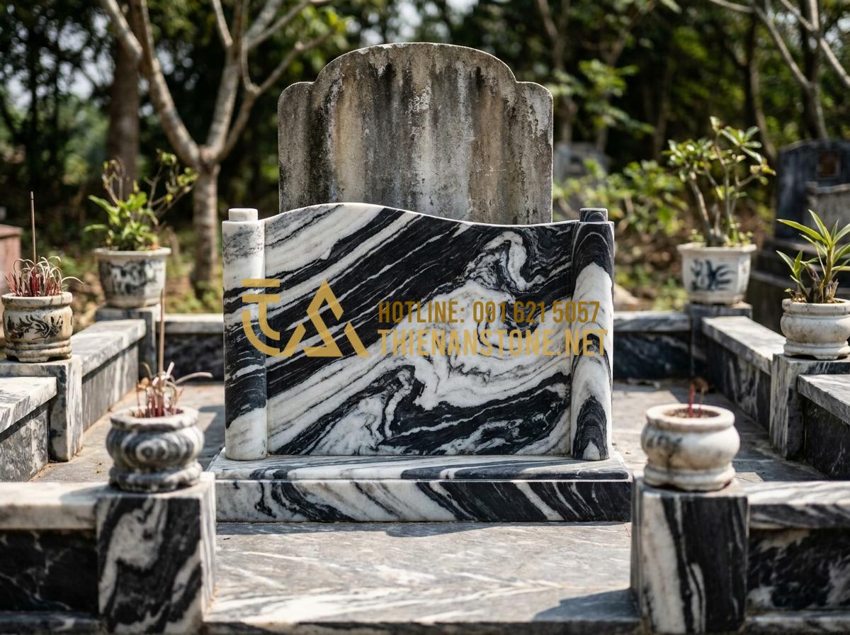 Cuốn Thư Đá Lăng Mộ Đẹp Nhất: Tổng Hợp Các Mẫu Cho Nghĩa Trang Gia Đình - Proper installation method of stone tomb scroll at family grave site showing cor