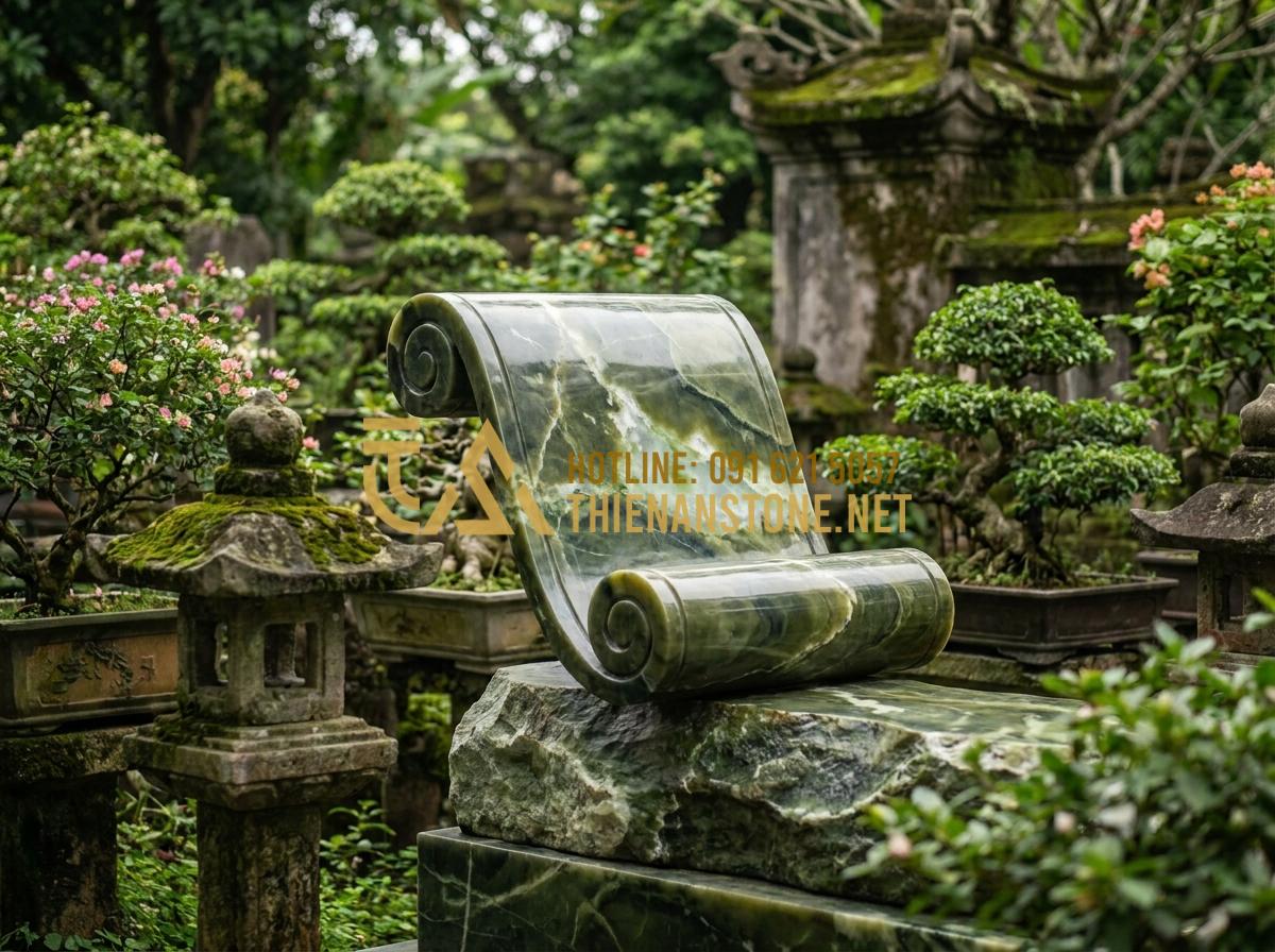 Cuốn Thư Đá Lăng Mộ Đẹp Nhất: Tổng Hợp Các Mẫu Cho Nghĩa Trang Gia Đình - Aesthetic placement example of tomb scroll in cemetery with perfect balance and