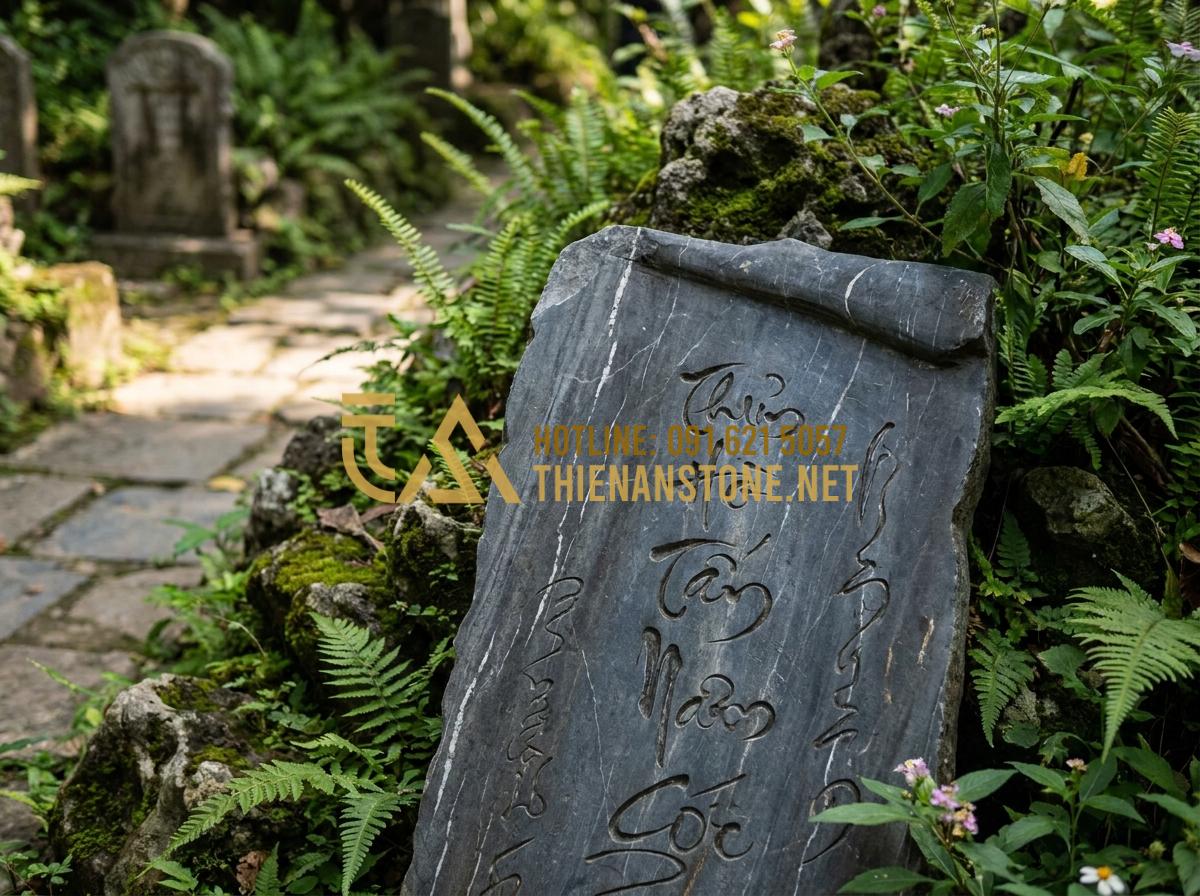 Cuốn Thư Đá Lăng Mộ Đẹp Nhất: Tổng Hợp Các Mẫu Cho Nghĩa Trang Gia Đình - Close-up view of an elegant stone tomb scroll inscribed with family names and da