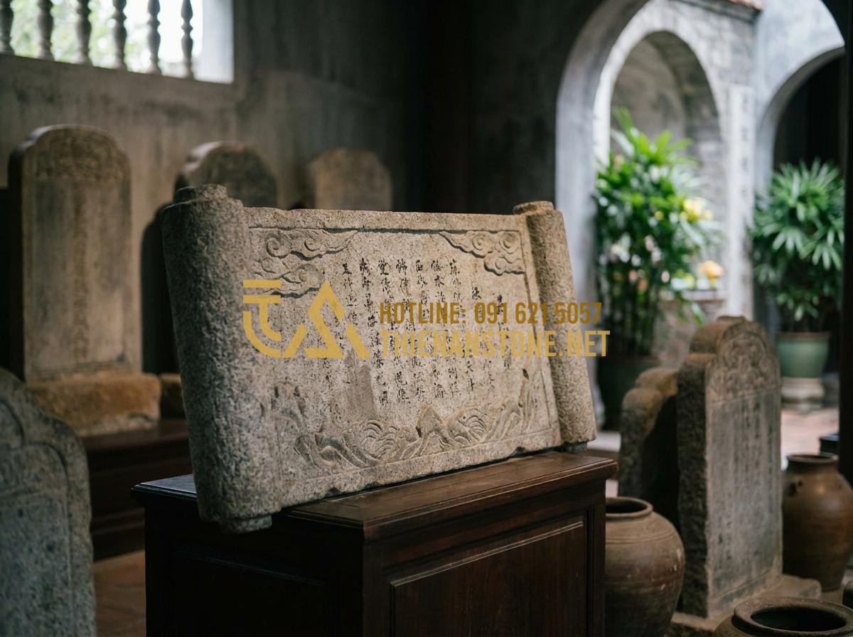 Cuốn Thư Đá Lăng Mộ Đẹp Nhất: Tổng Hợp Các Mẫu Cho Nghĩa Trang Gia Đình - Historical stone scroll artifact from ancient Vietnamese tomb, weathered granite