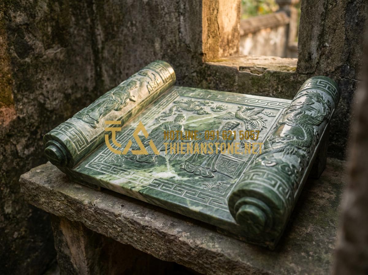 Cuốn Thư Đá Lăng Mộ Đẹp Nhất: Tổng Hợp Các Mẫu Cho Nghĩa Trang Gia Đình - Ancient Vietnamese cultural stone book scroll in a family ancestral tomb, featur