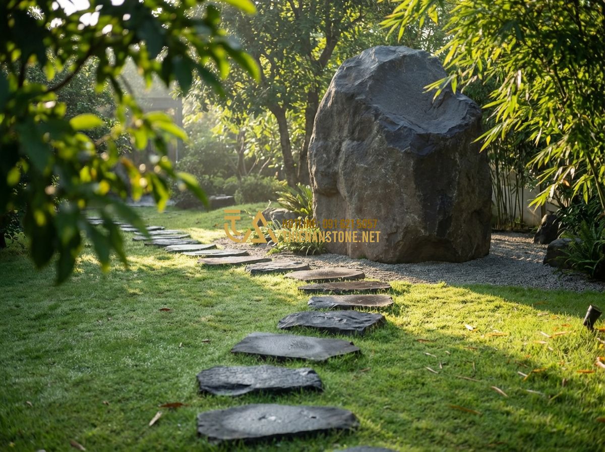 Đá Bước Dặm Bazan: Ưu Điểm Vượt Trội, Ứng Dụng Và Cách Lát Chuẩn Nhất - Hình 1 Đá Bước Dặm Bazan: Ưu Điểm Vượt Trội, Ứng Dụng Và Cách Lát Chuẩn Nhất - Professional photography of a serene zen garden path with dark grey natural basa