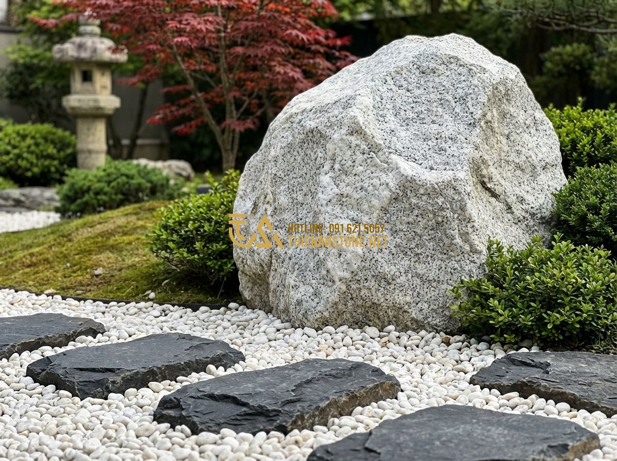 Đá Bước Dặm Granite Và Đá Bazan: Nên Chọn Loại Nào Cho Lối Đi Ngoài Trời? - Hình 3 Đá Bước Dặm Granite Và Đá Bazan: Nên Chọn Loại Nào Cho Lối Đi Ngoài Trời? - Tạo ảnh tiếng Anh: A Zen-style garden with dark charcoal Basalt stepping stones.
