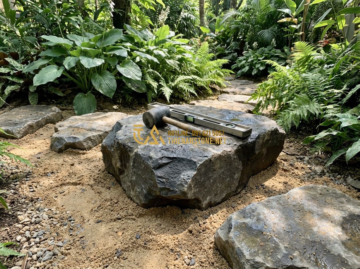 Đá Bước Dặm Granite Và Đá Bazan: Nên Chọn Loại Nào Cho Lối Đi Ngoài Trời? - Hình 5 Đá Bước Dặm Granite Và Đá Bazan: Nên Chọn Loại Nào Cho Lối Đi Ngoài Trời? - Tạo ảnh tiếng Anh: A professional landscaper carefully placing a large, irregula