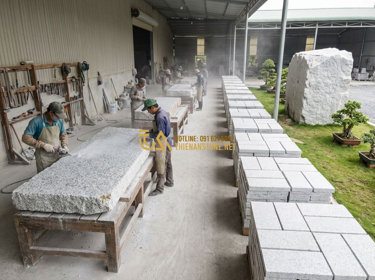 Đá Bước Dặm Granite Và Đá Bazan: Nên Chọn Loại Nào Cho Lối Đi Ngoài Trời? - Hình 7 Đá Bước Dặm Granite Và Đá Bazan: Nên Chọn Loại Nào Cho Lối Đi Ngoài Trời? - Tạo ảnh tiếng Anh: A panoramic shot of a professional stone masonry workshop in