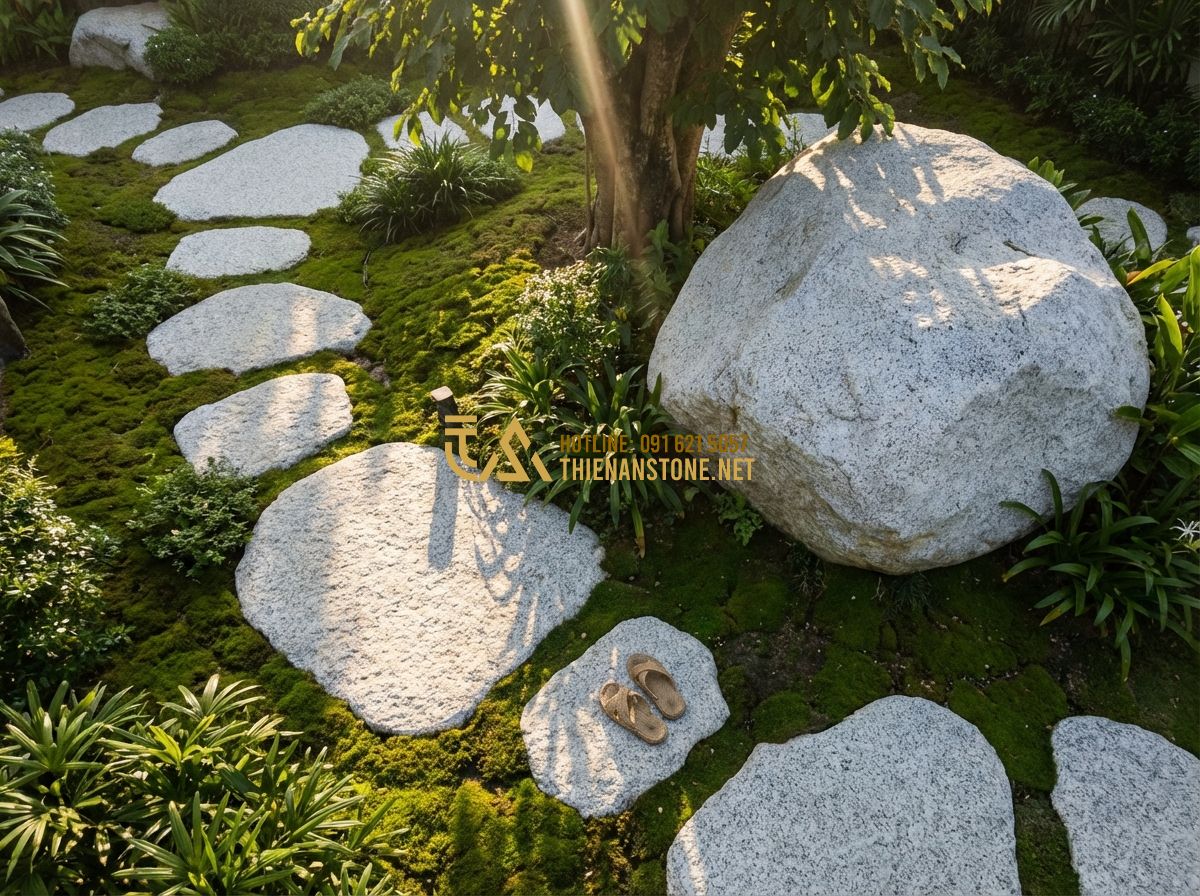 Đá Bước Dặm Granite Và Đá Bazan: Nên Chọn Loại Nào Cho Lối Đi Ngoài Trời? - Hình 8 Đá Bước Dặm Granite Và Đá Bazan: Nên Chọn Loại Nào Cho Lối Đi Ngoài Trời? - Tạo ảnh tiếng Anh: A high-angle, peaceful shot of a completed garden path where