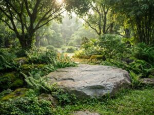 Đá Bước Dạo Sa Thạch - So Sánh Với Đá Bazan Và Ứng Dụng Trong Sân Vườn - Create a professional photograph of a lush green garden path featuring natural s