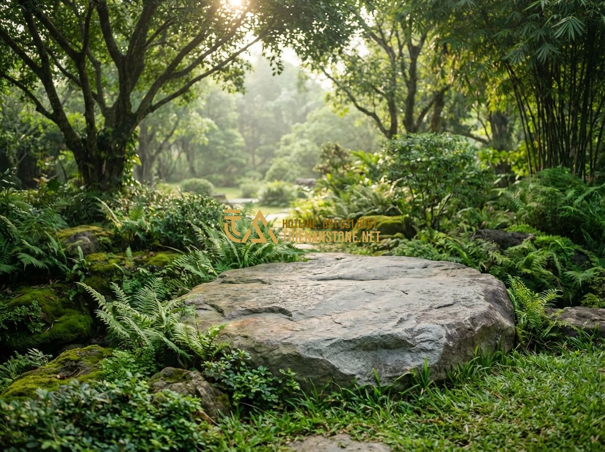 Đá Bước Dạo Sa Thạch - So Sánh Với Đá Bazan Và Ứng Dụng Trong Sân Vườn - Hình 1 Đá Bước Dạo Sa Thạch - So Sánh Với Đá Bazan Và Ứng Dụng Trong Sân Vườn - Create a professional photograph of a lush green garden path featuring natural s