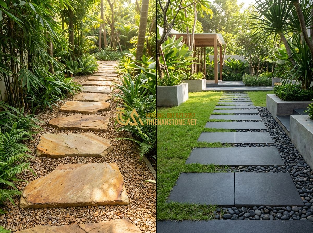 Đá Bước Dạo Sa Thạch - So Sánh Với Đá Bazan Và Ứng Dụng Trong Sân Vườn - Hình 2 Đá Bước Dạo Sa Thạch - So Sánh Với Đá Bazan Và Ứng Dụng Trong Sân Vườn - A high-quality side-by-side comparison image showing two types of natural stone