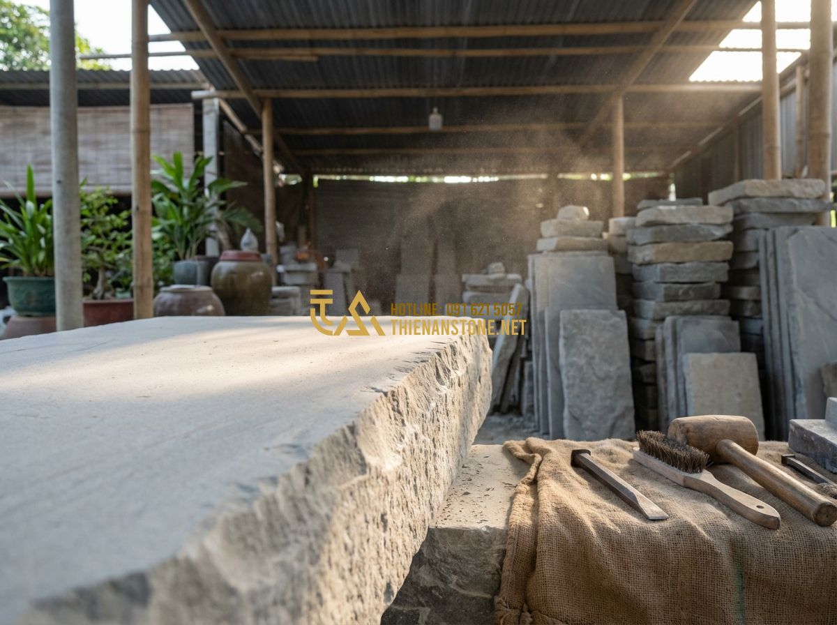 Đá Bước Dạo Sa Thạch - So Sánh Với Đá Bazan Và Ứng Dụng Trong Sân Vườn - Hình 5 Đá Bước Dạo Sa Thạch - So Sánh Với Đá Bazan Và Ứng Dụng Trong Sân Vườn - A professional artistic photo showing a skilled stonemason at Thien An Stone wor