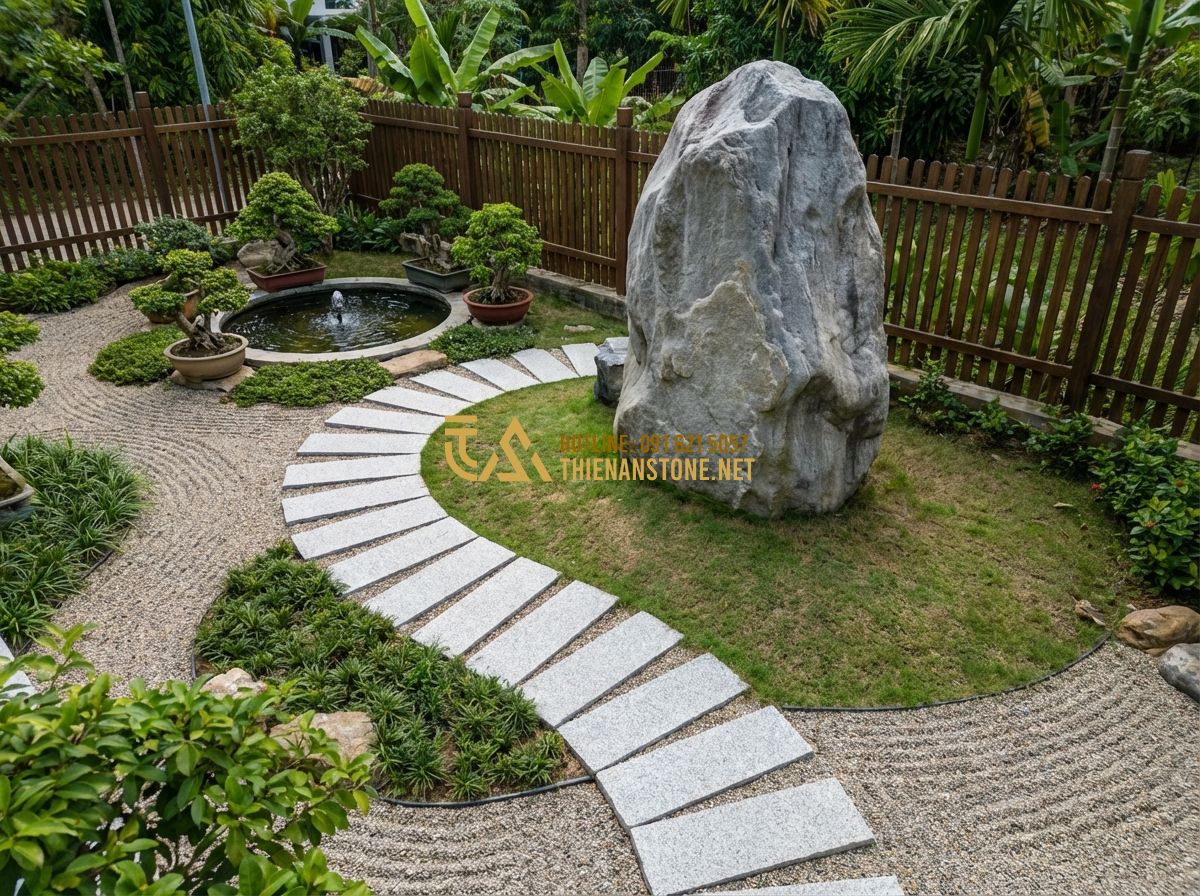 Đá Bước Dạo Sa Thạch - So Sánh Với Đá Bazan Và Ứng Dụng Trong Sân Vườn - Hình 6 Đá Bước Dạo Sa Thạch - So Sánh Với Đá Bazan Và Ứng Dụng Trong Sân Vườn - An overhead drone shot of a feng shui inspired garden, showing a winding steppin